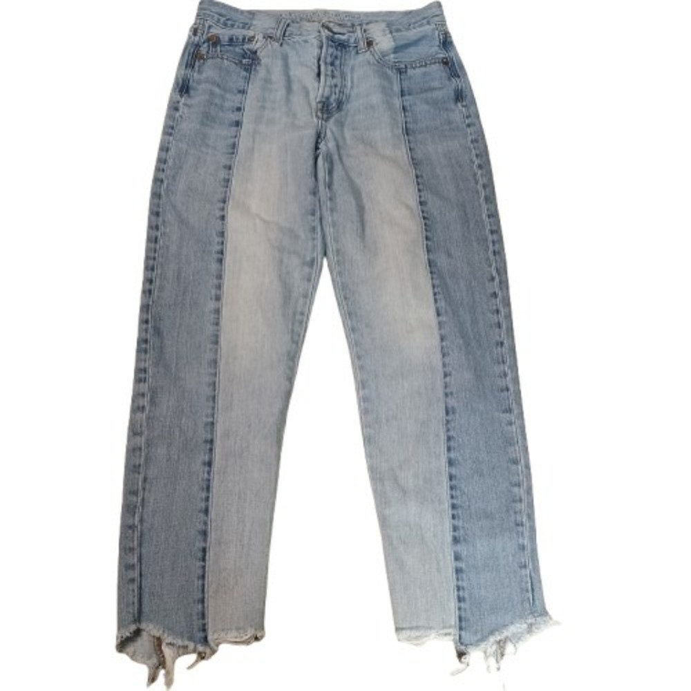 American Eagle Two Tone‎ Denim Vintage Hi-Rise Button Fly Jeans Size 4 Raw Hem